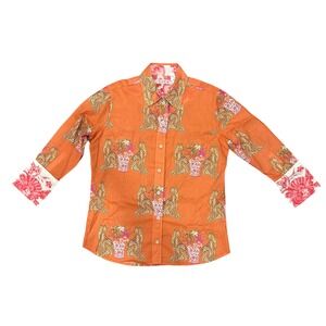Tizzie Orange Leopard Floral Print Button Up Shirt Breathable CottonMedium